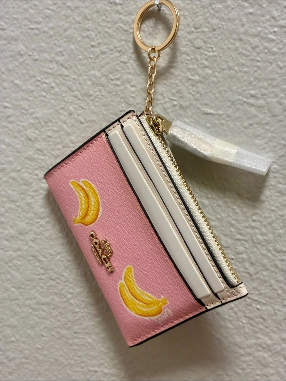 Coach Mini Skinny ID Card Case Bag Charm With Banana Print In Pink Lemonade NWT